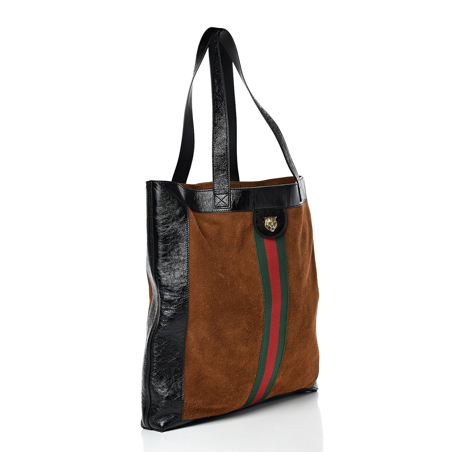 Suede Patent Web Large Ophidia Vertical Shopping Tote Nocciola Black