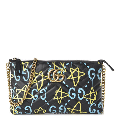 Gucci Calfskin Matelasse Printed Mini GucciGhost GG Marmont Chain Bag Black New Acquamarine 1 of 9