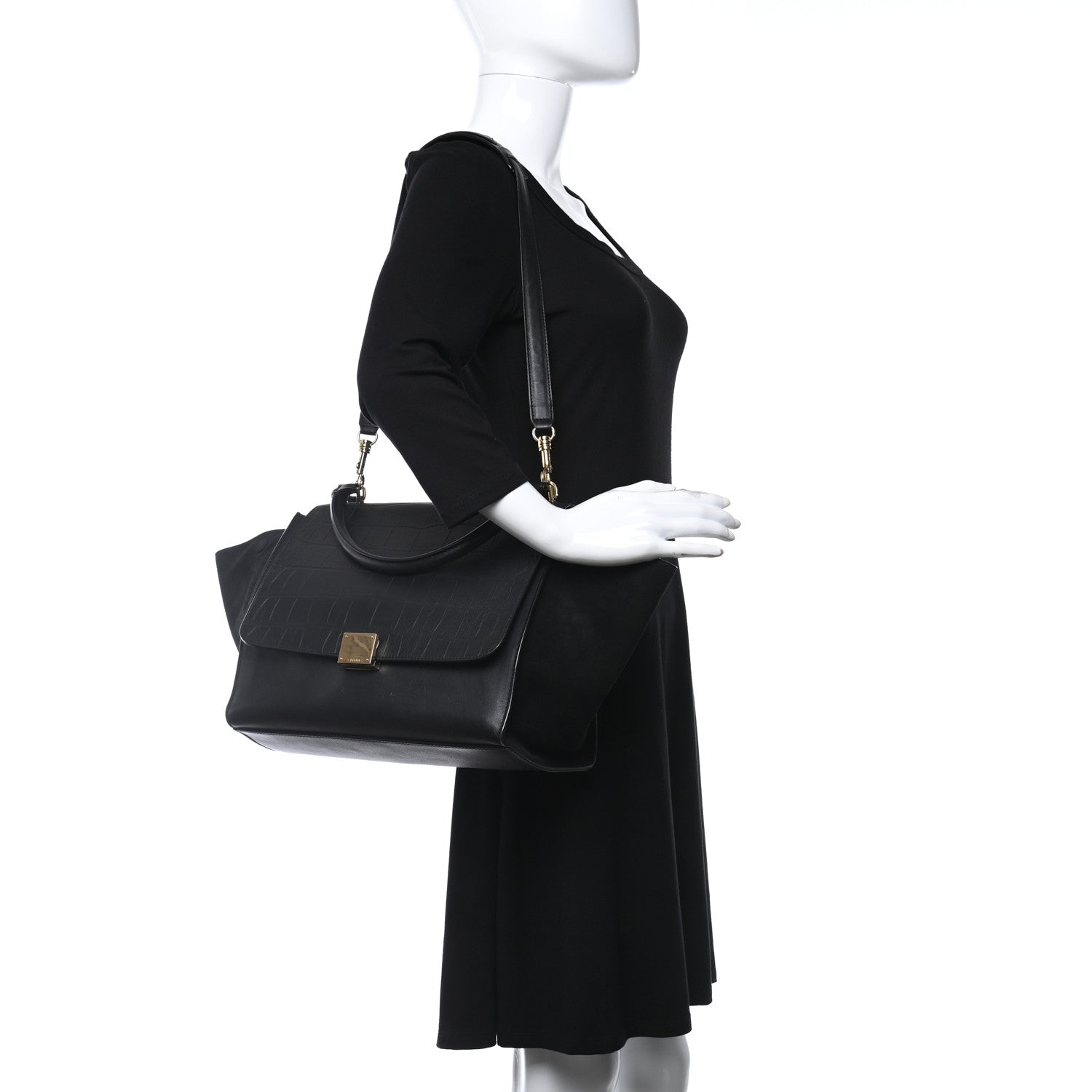 Celine Crocodile Embossed Calfskin Suede Medium Trapeze Black 2 of 9