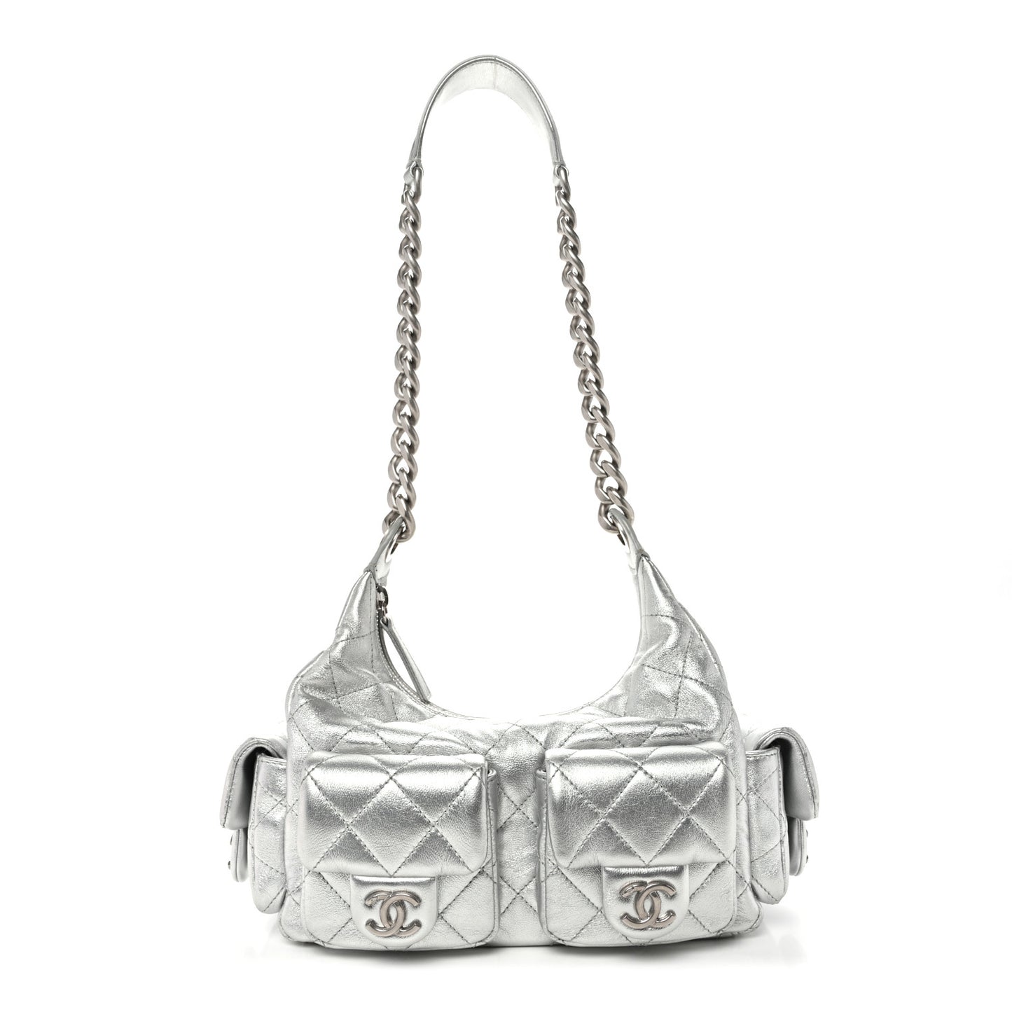 Metallic Lambskin Quilted Trendy Pockets Hobo Silver