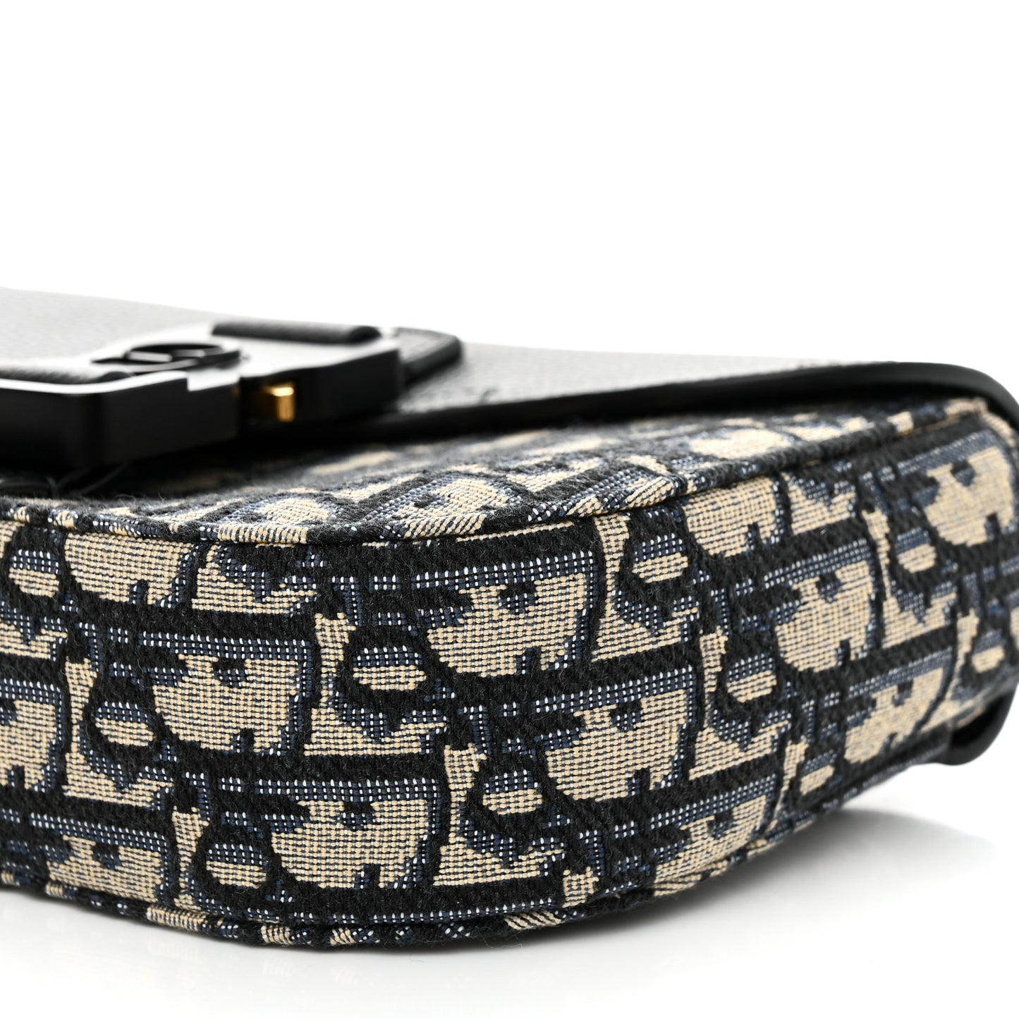 Oblique Jacquard Grained Calfskin Saddle Pouch With Strap Beige Black
