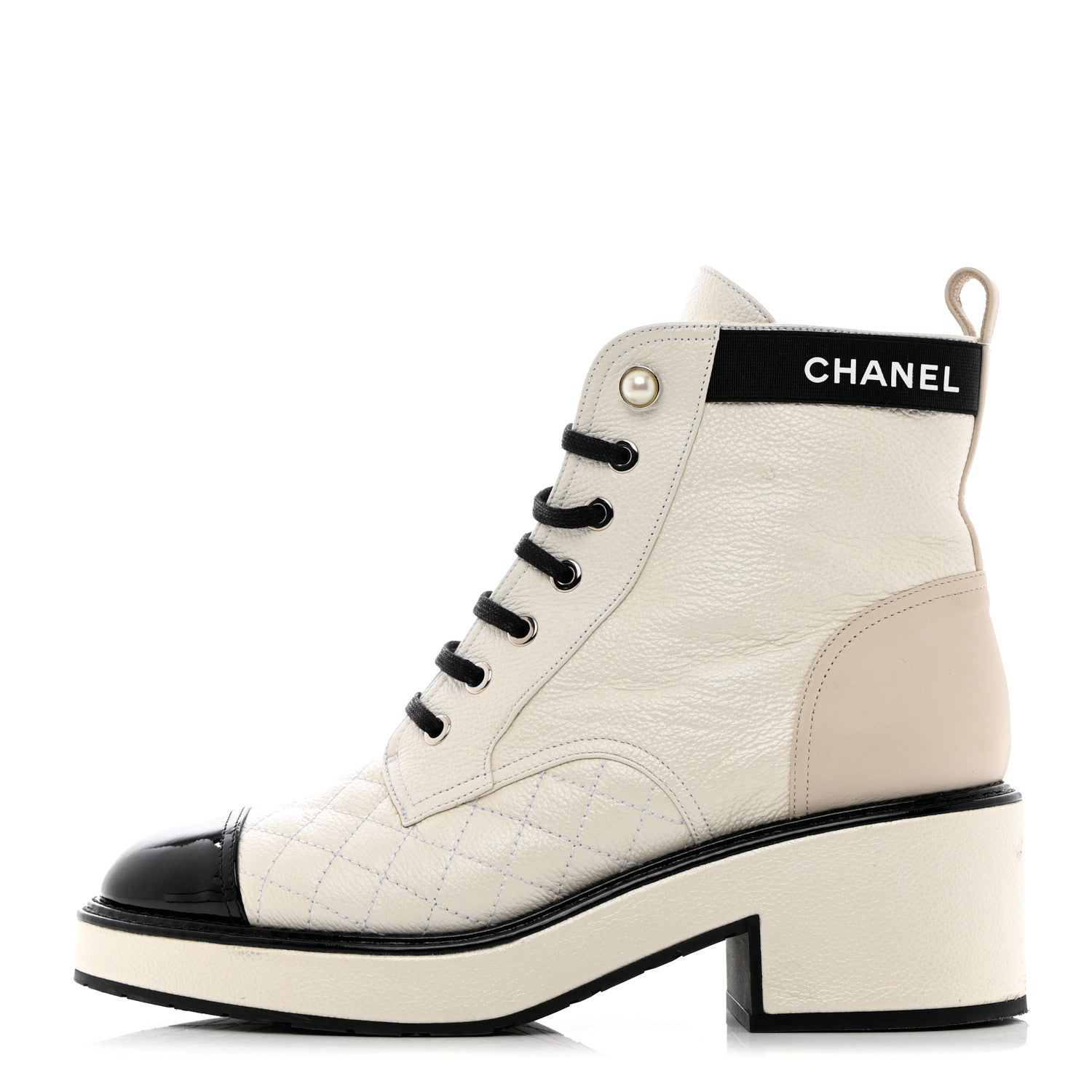 Chanel Pearly Calfskin Patent Calfskin Quilted Lace Up Boots 38.5 White Light Gray Black 1 of 18