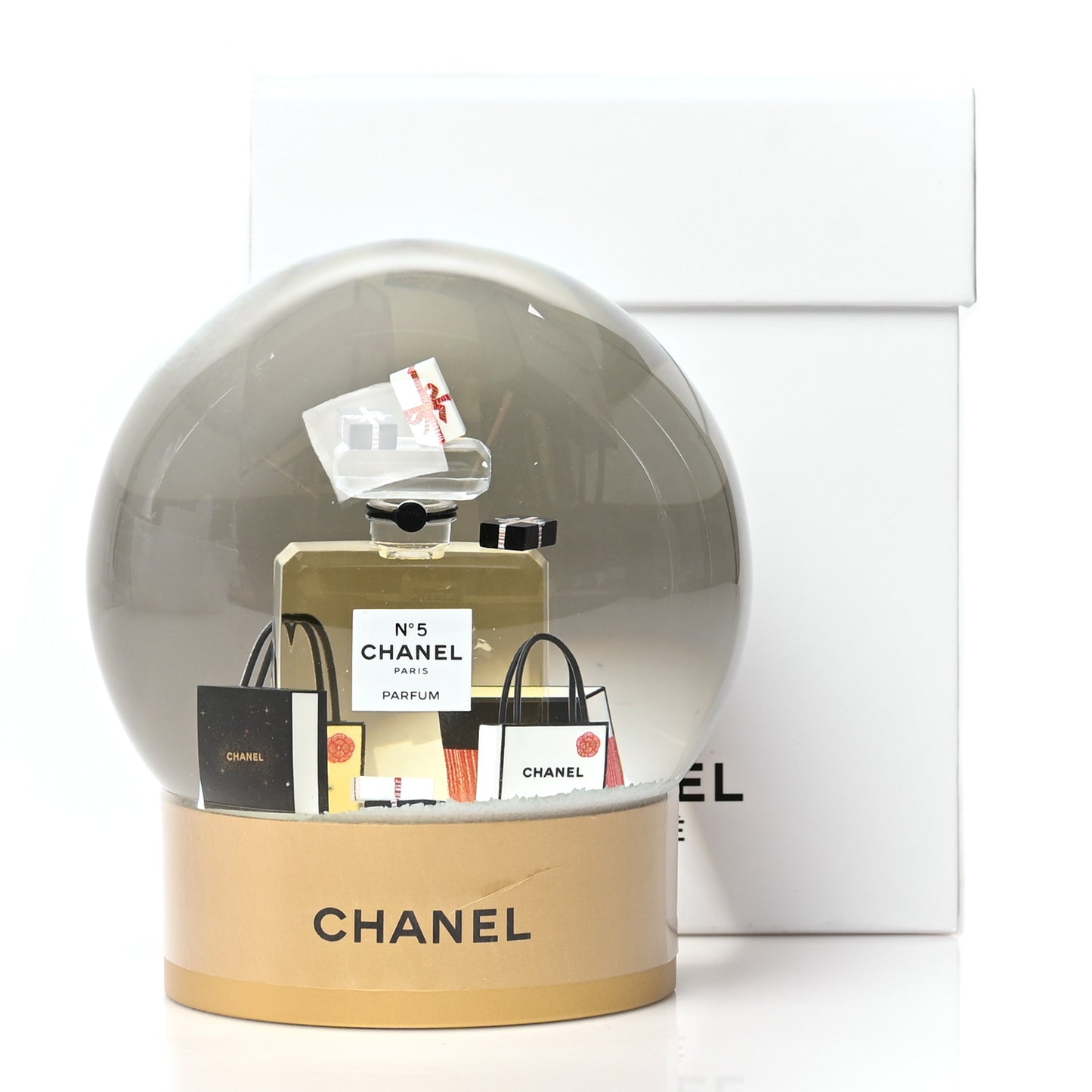 Glass N°5 Perfume Bottle Snow Globe Gold