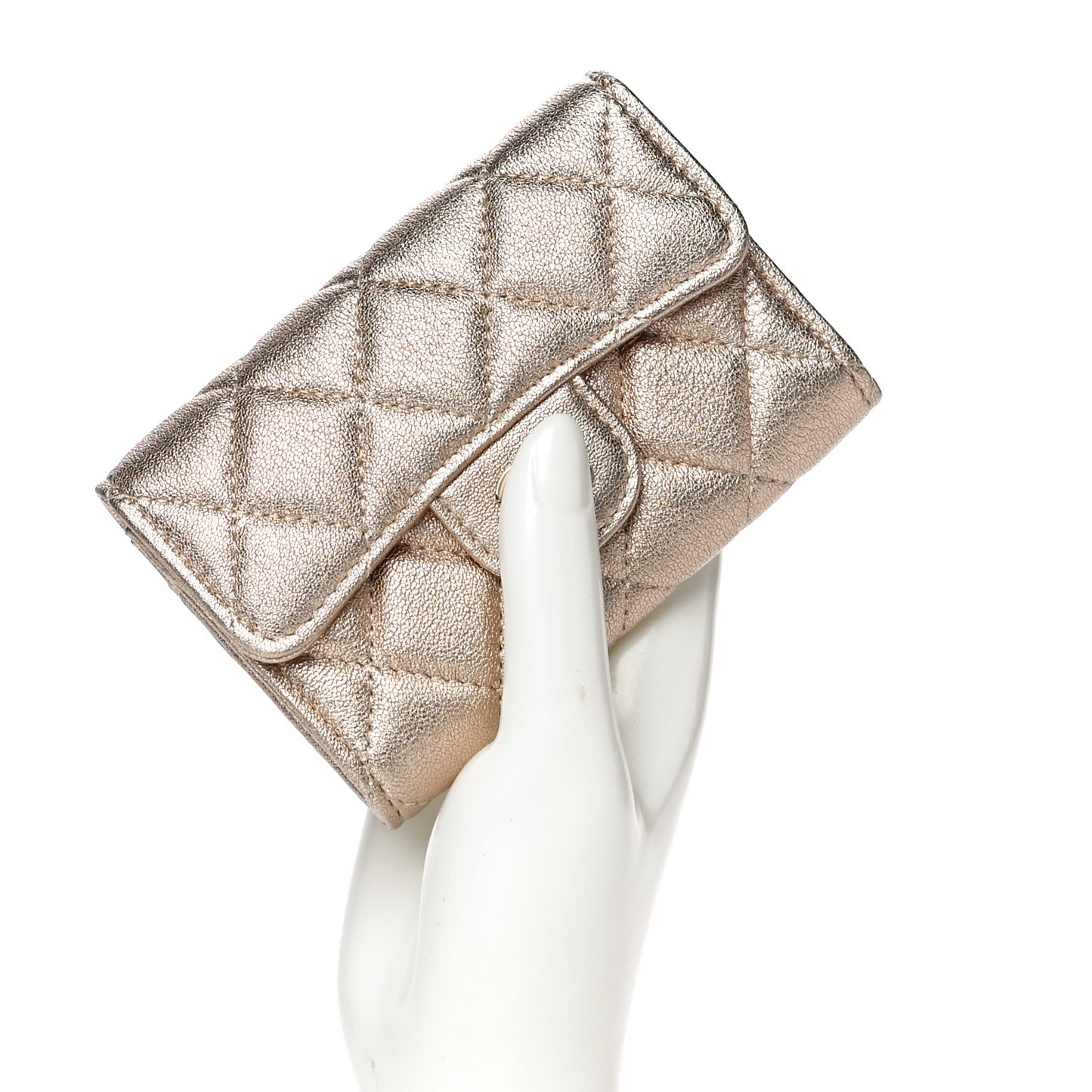 Metallic Lambskin Quilted Flap Card Holder Wallet Gold