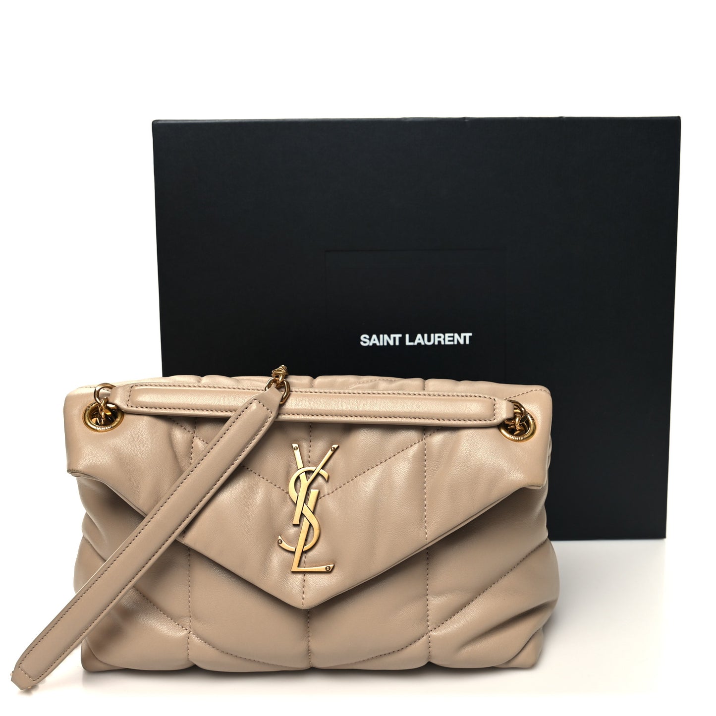 Lambskin Quilted Small Loulou Puffer Monogram Chain Satchel Dark Beige