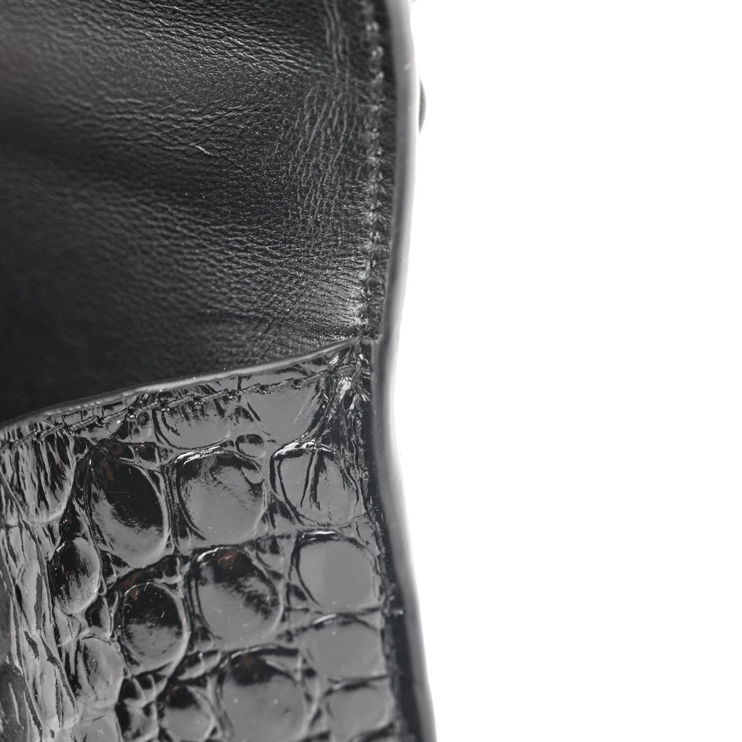 Shiny Calfskin Strass Monochrome Crocodile Embossed Hourglass Top Handle Bag XS Black