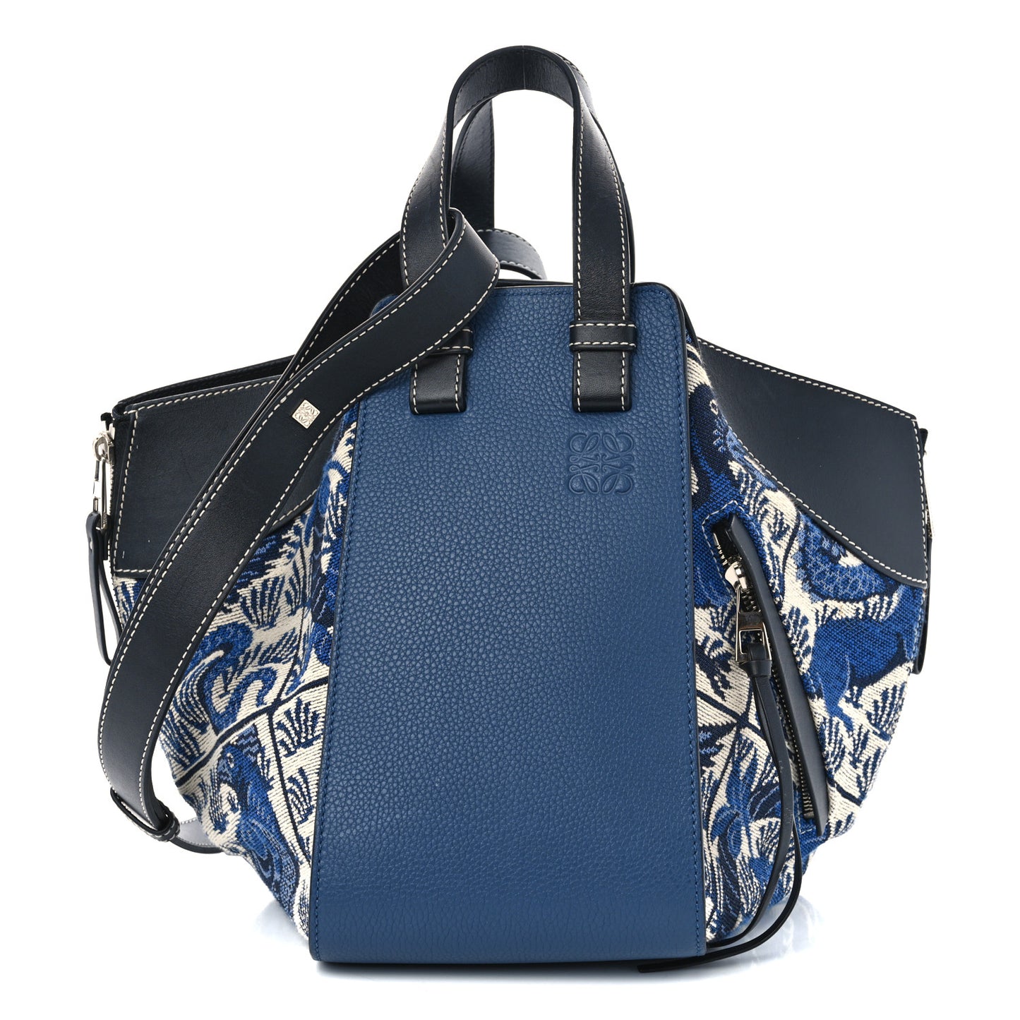 Calfskin Canvas Embroidered Small Hammock Shoulder Bag Blue