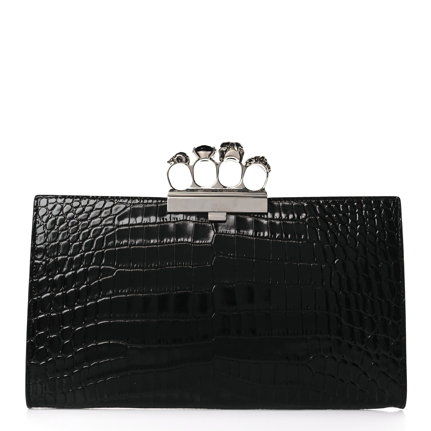 Calfskin Crocodile Embossed Knuckle Flat Clutch Black