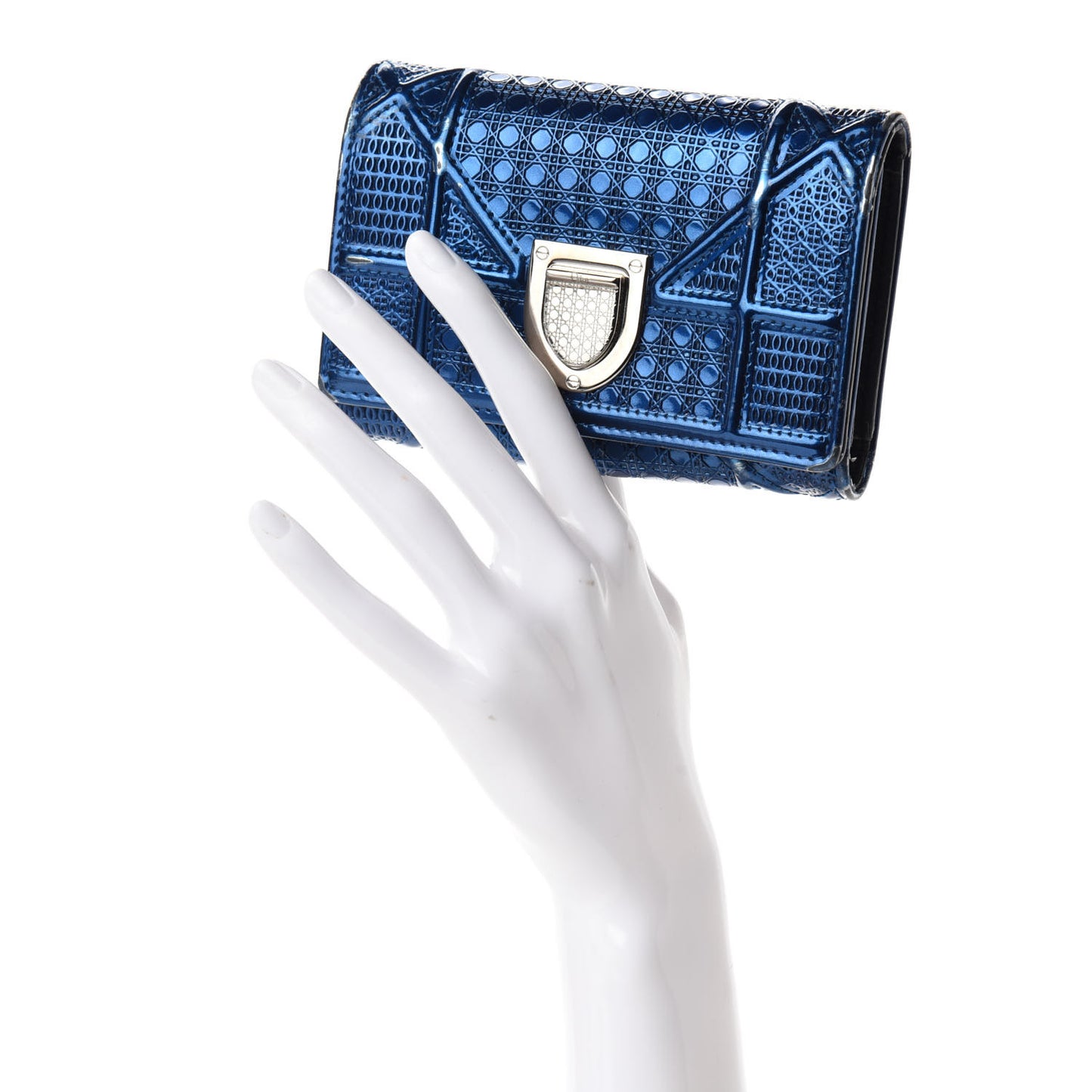 Metallic Patent Micro-Cannage Diorama Elancee Wallet Mirror Blue