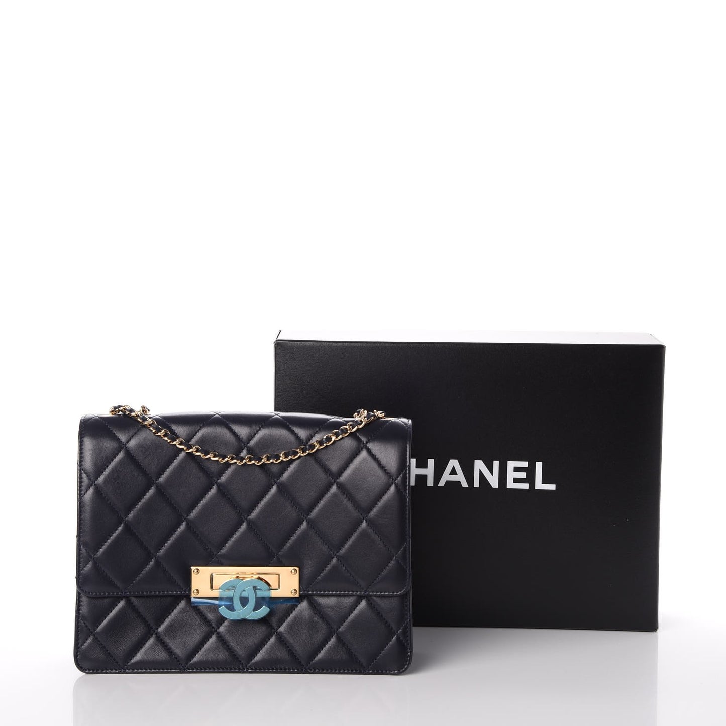 Lambskin Quilted Medium Golden Class Flap Marine