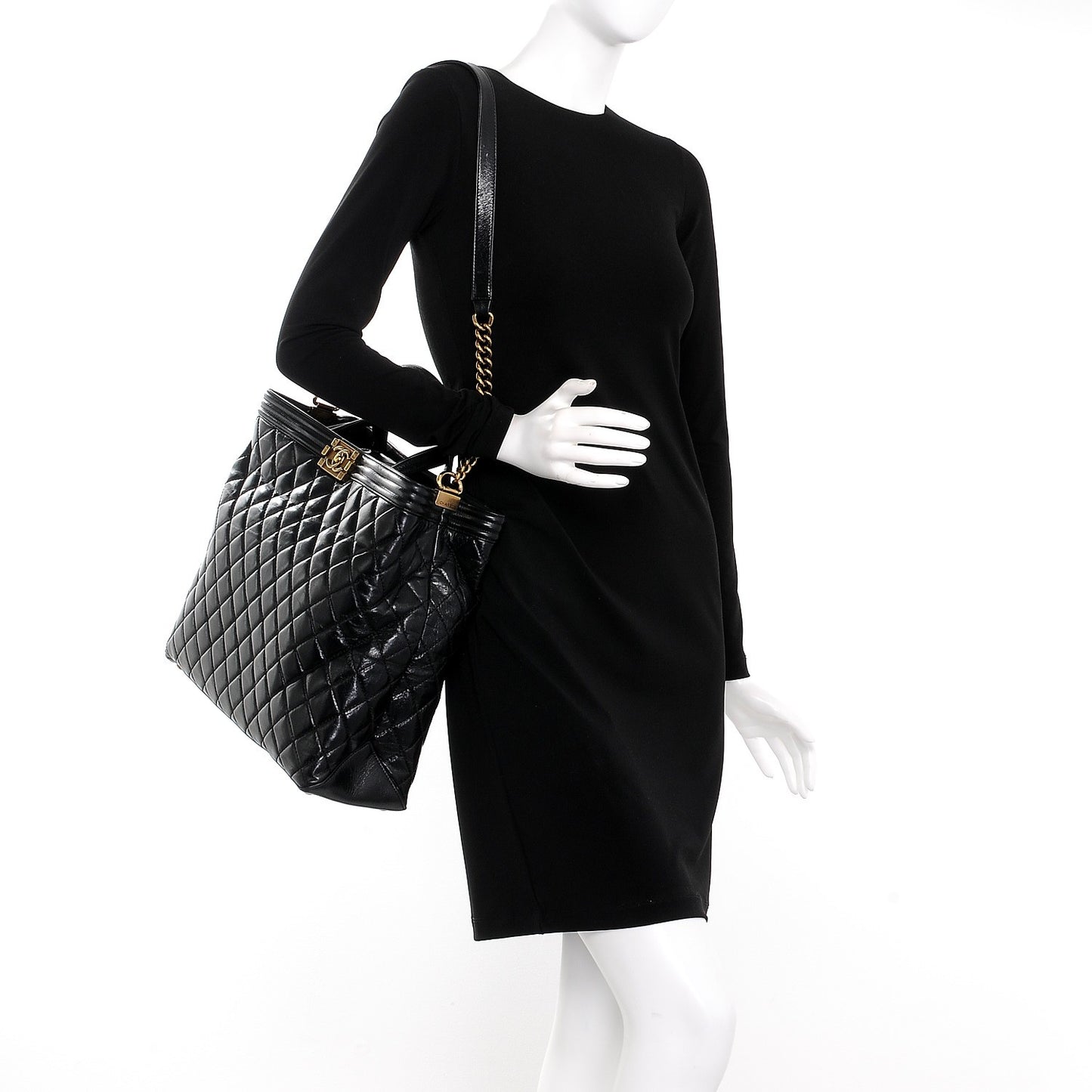 Glazed Calfskin Quilted Large Boy Tote Black