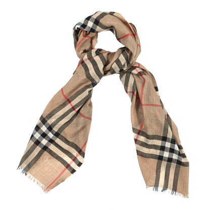 Burberry Wool Silk Giant Check Lightweight Scarf Camel 1 of 3