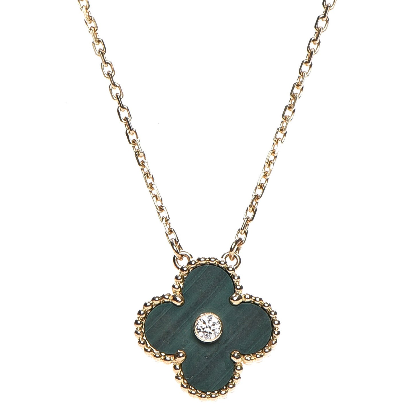 18K Yellow Gold Diamond Malachite Vintage Alhambra Pendant Necklace