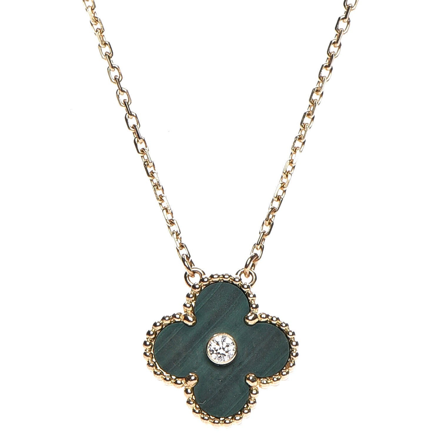 Van Cleef & Arpels 18K Yellow Gold Diamond Malachite Vintage Alhambra Pendant Necklace 4 of 7