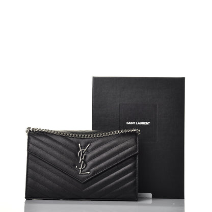 Saint Laurent Grain De Poudre Matelasse Chevron Monogram Chain Wallet Black 9 of 10