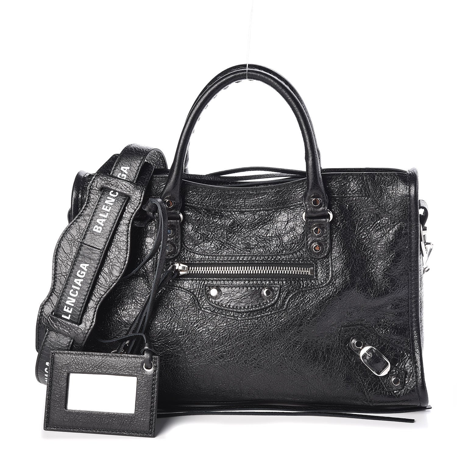 Balenciaga Agneau Classic Silver Hardware S City Logo Strap Black White 1 of 10