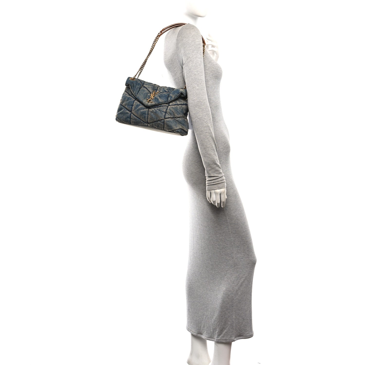 Saint Laurent Denim Quilted Small Loulou Puffer Monogram Chain Satchel Blue Cinnamon 2 of 10