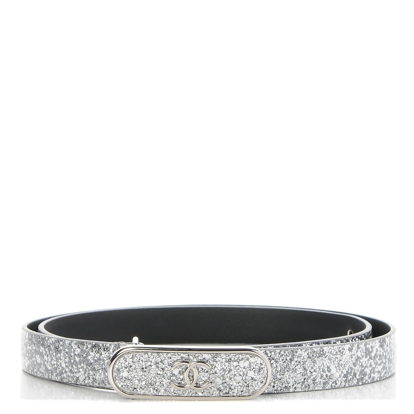 Glitter Calfskin CC Logo Skinny Belt 80 32 Silver