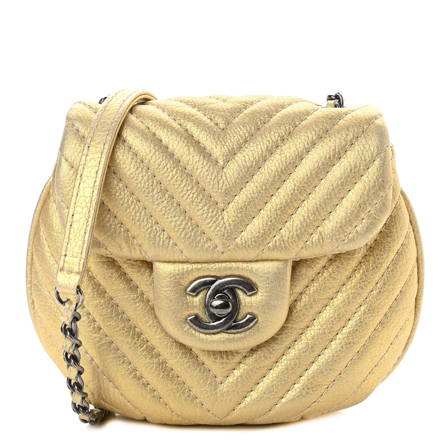 Metallic Aged Calfskin Chevron Small Bubble CC Flap Gold