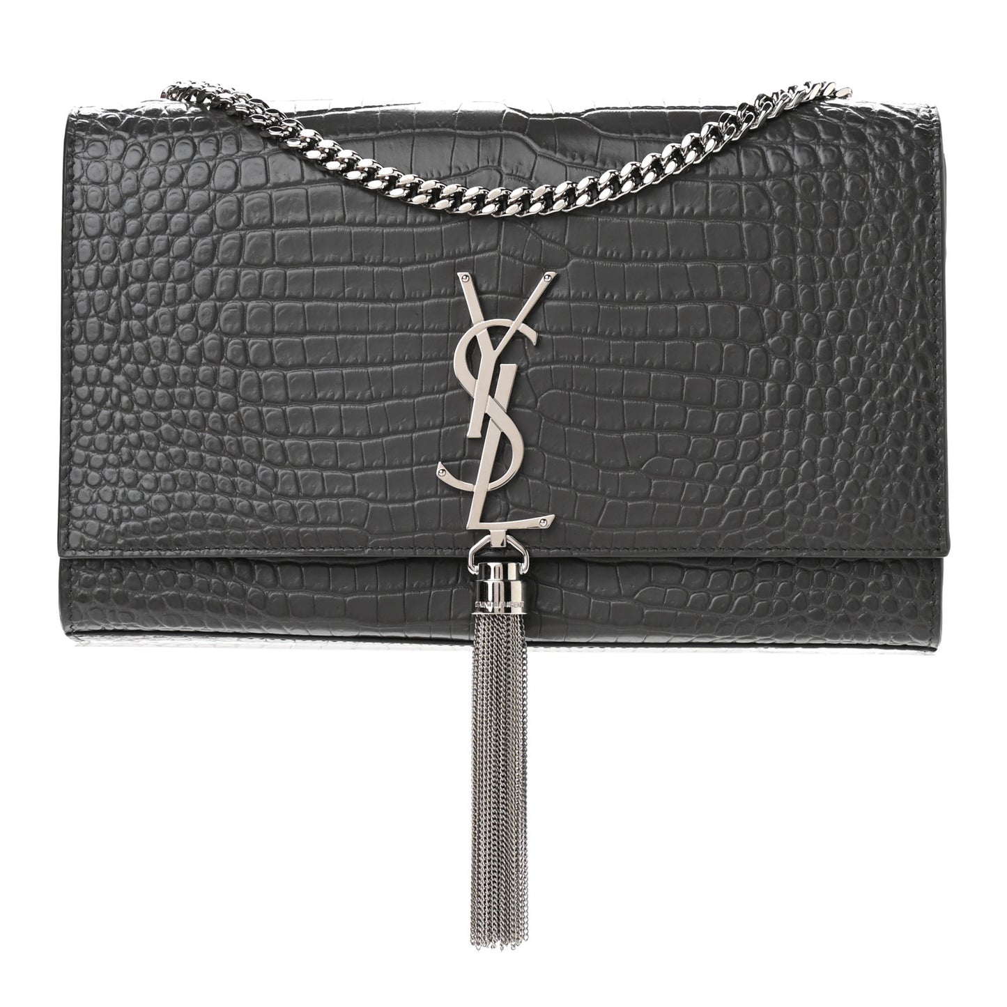 Calfskin Crocodile Embossed Medium Classic Monogram Kate Tassel Satchel Storm