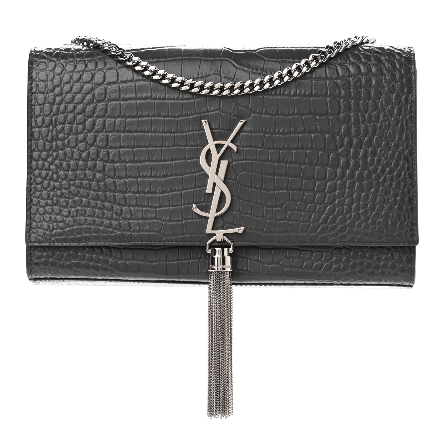Saint Laurent Calfskin Crocodile Embossed Medium Classic Monogram Kate Tassel Satchel Storm 1 of 11