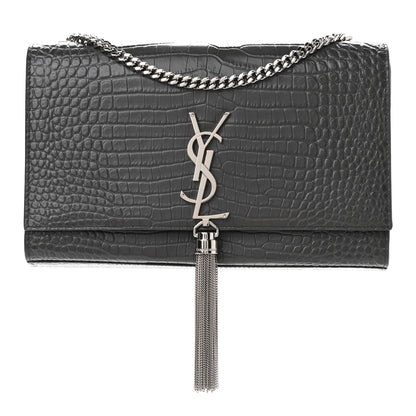 Saint Laurent Calfskin Crocodile Embossed Medium Classic Monogram Kate Tassel Satchel Storm 1 of 11