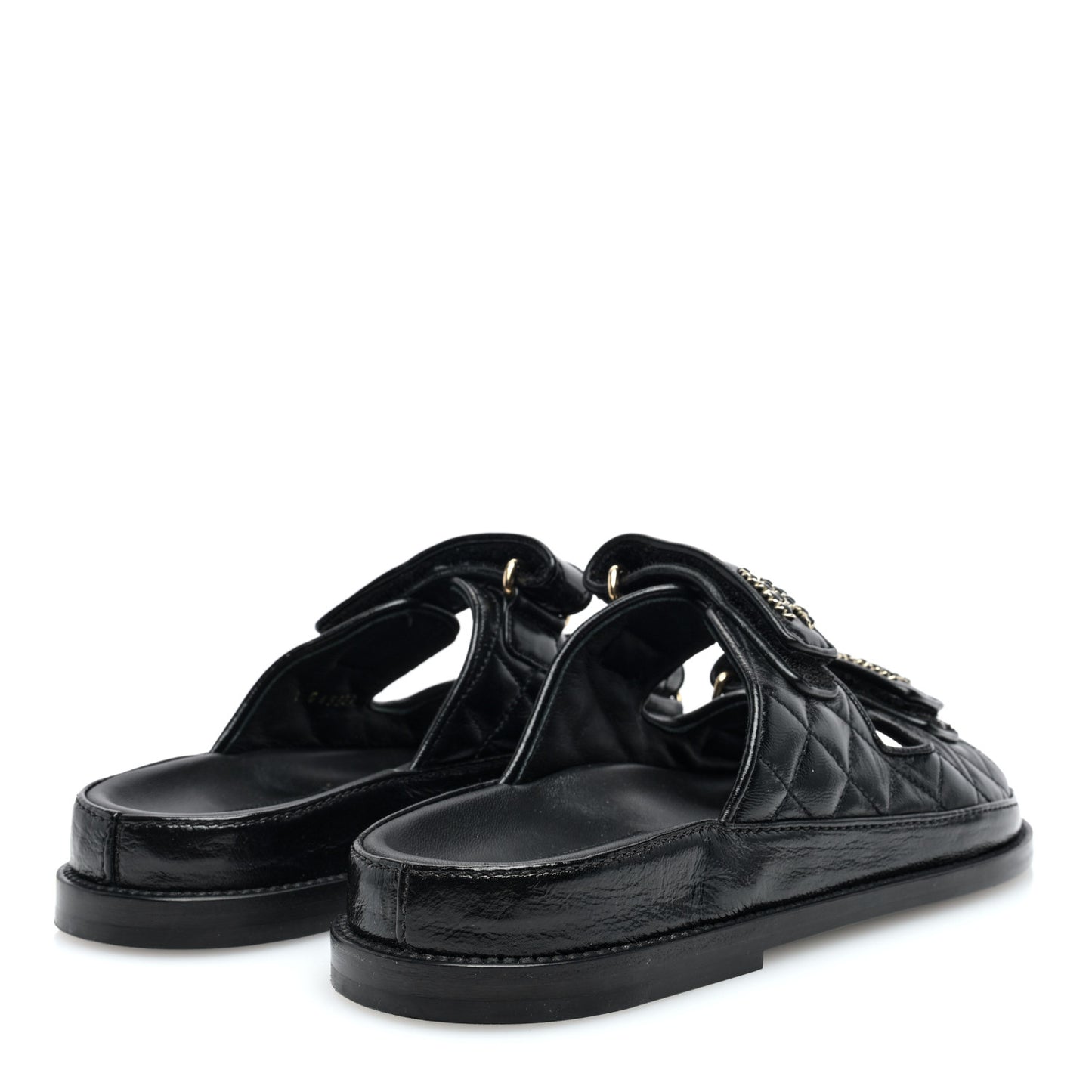 Lambskin Quilted Velcro Dad Chain CC Slide Sandals 36.5 Black