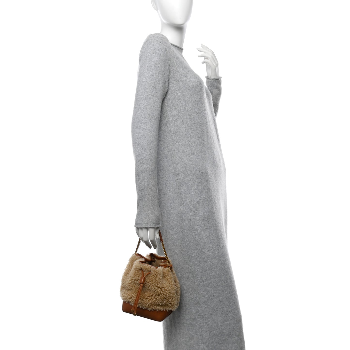 Shearling Calfskin Small Emmanuelle Bucket Bag Natural Beige Brick