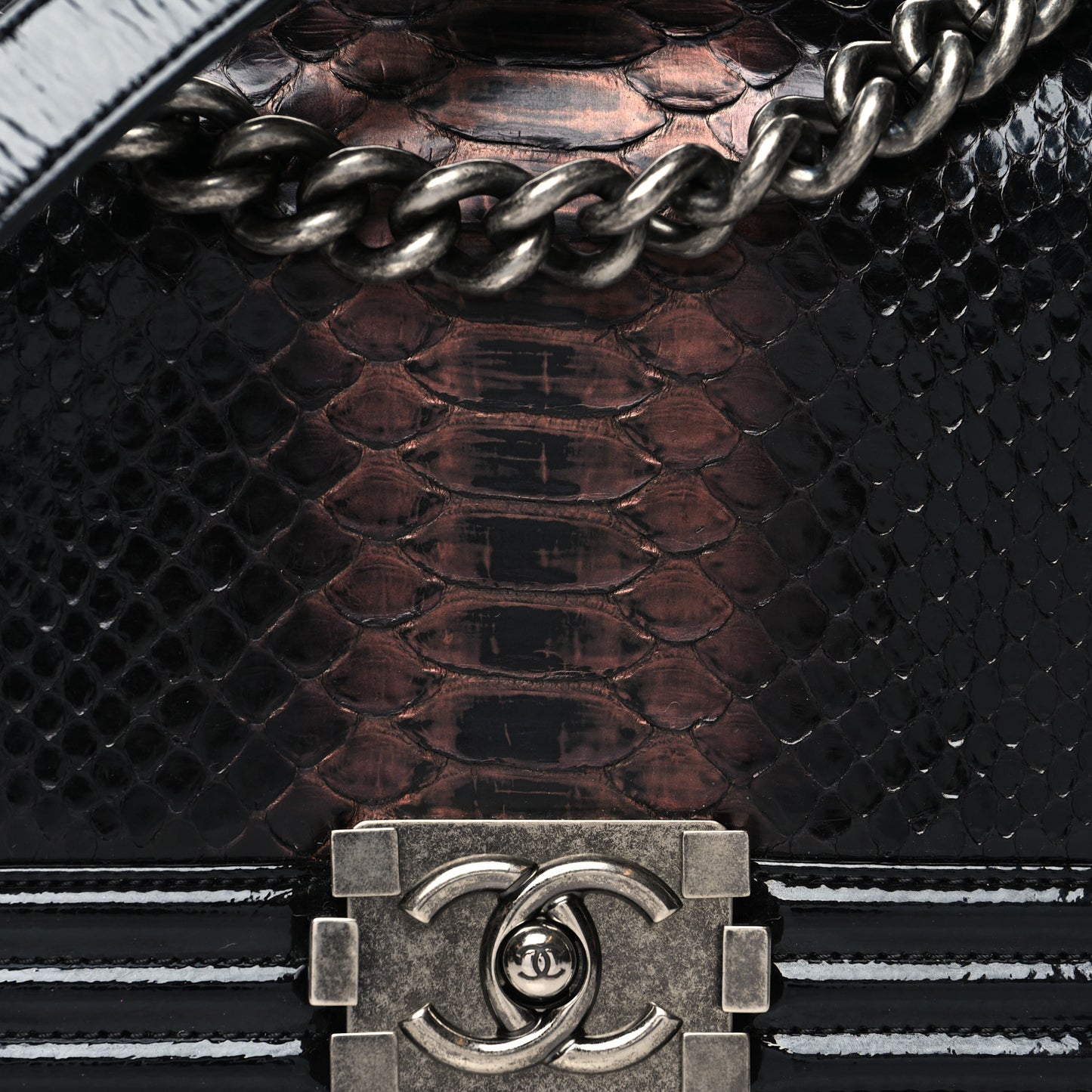 Patent Snakeskin Medium Boy Flap Black