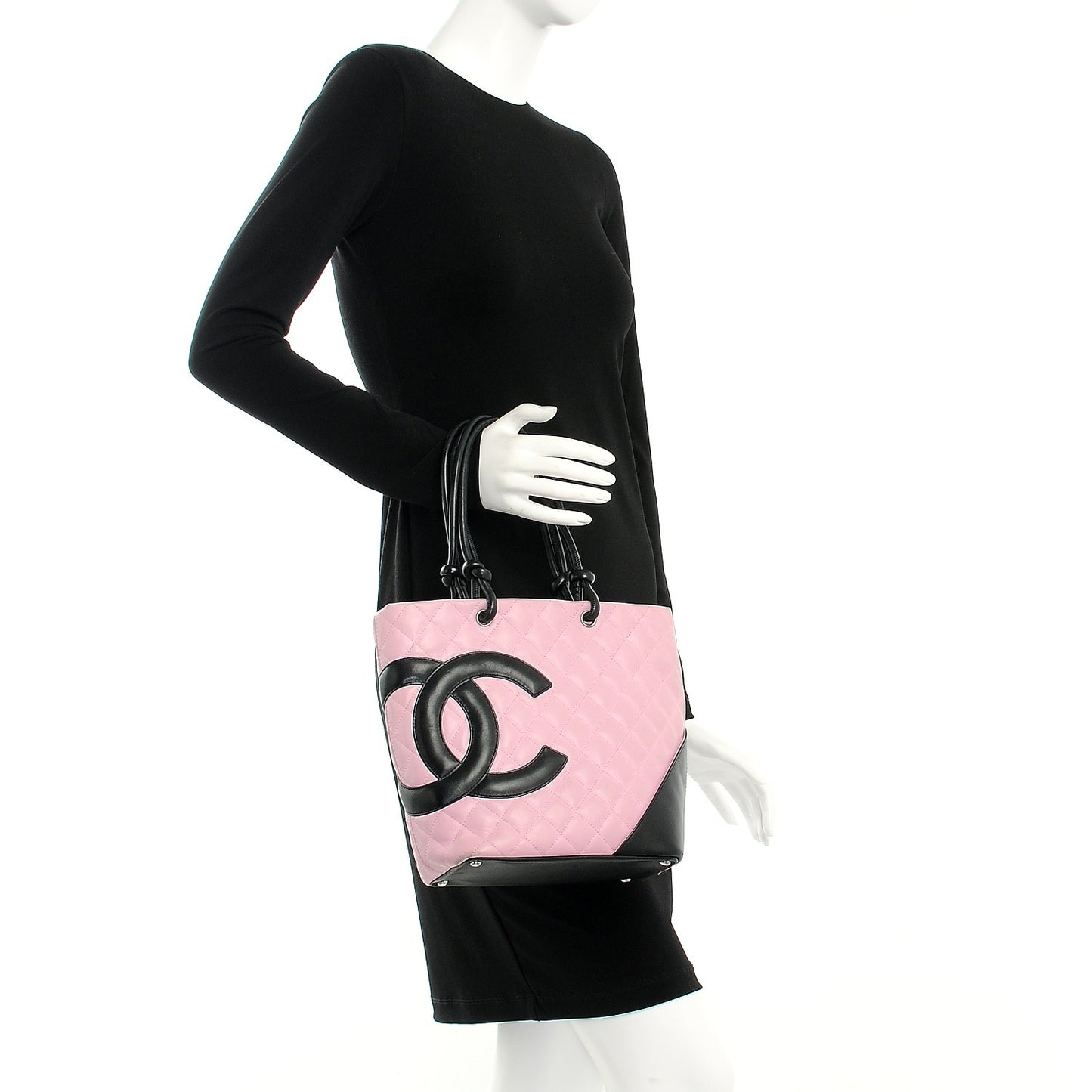 Calfskin Quilted Medium Cambon Tote Pink Black