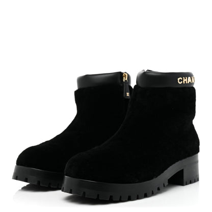 Chanel Shearling Lambskin Logo Ankle Boots 39 Black 3 of 9