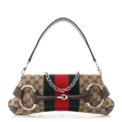 Gucci Monogram Textured Dollar Calfskin Heavy Grosgrain Web Medium Maxi Horsebit Chain Shoulder Bag Beige Ebony New Acero 1 of 11