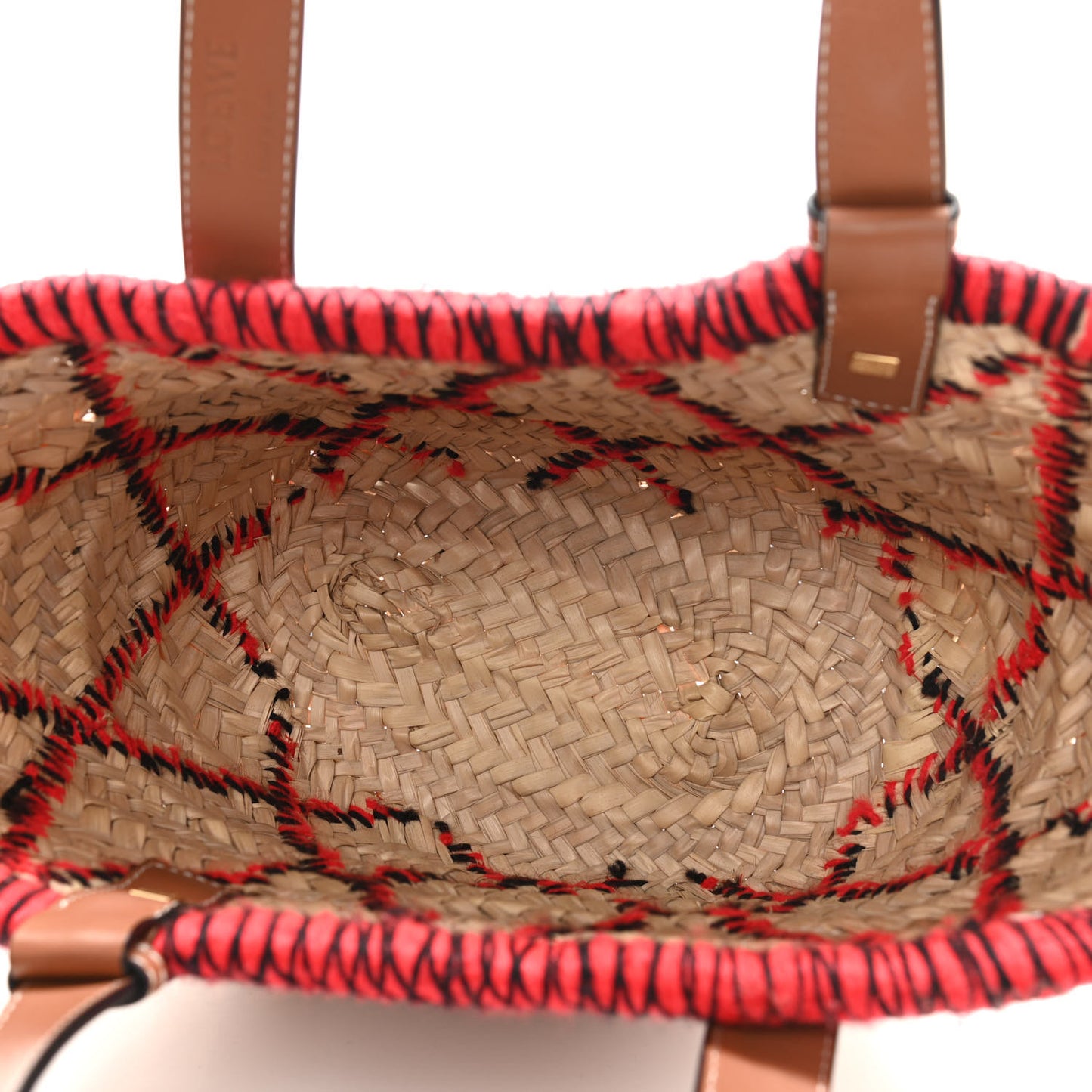 Embroidered Raffia Basket Tote Bag Natural Tan Red
