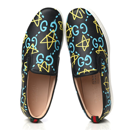 Gucci Calfskin GucciGhost Print Mens Dublin Slip On Sneakers 8 Black New Acquamarine 6 of 10