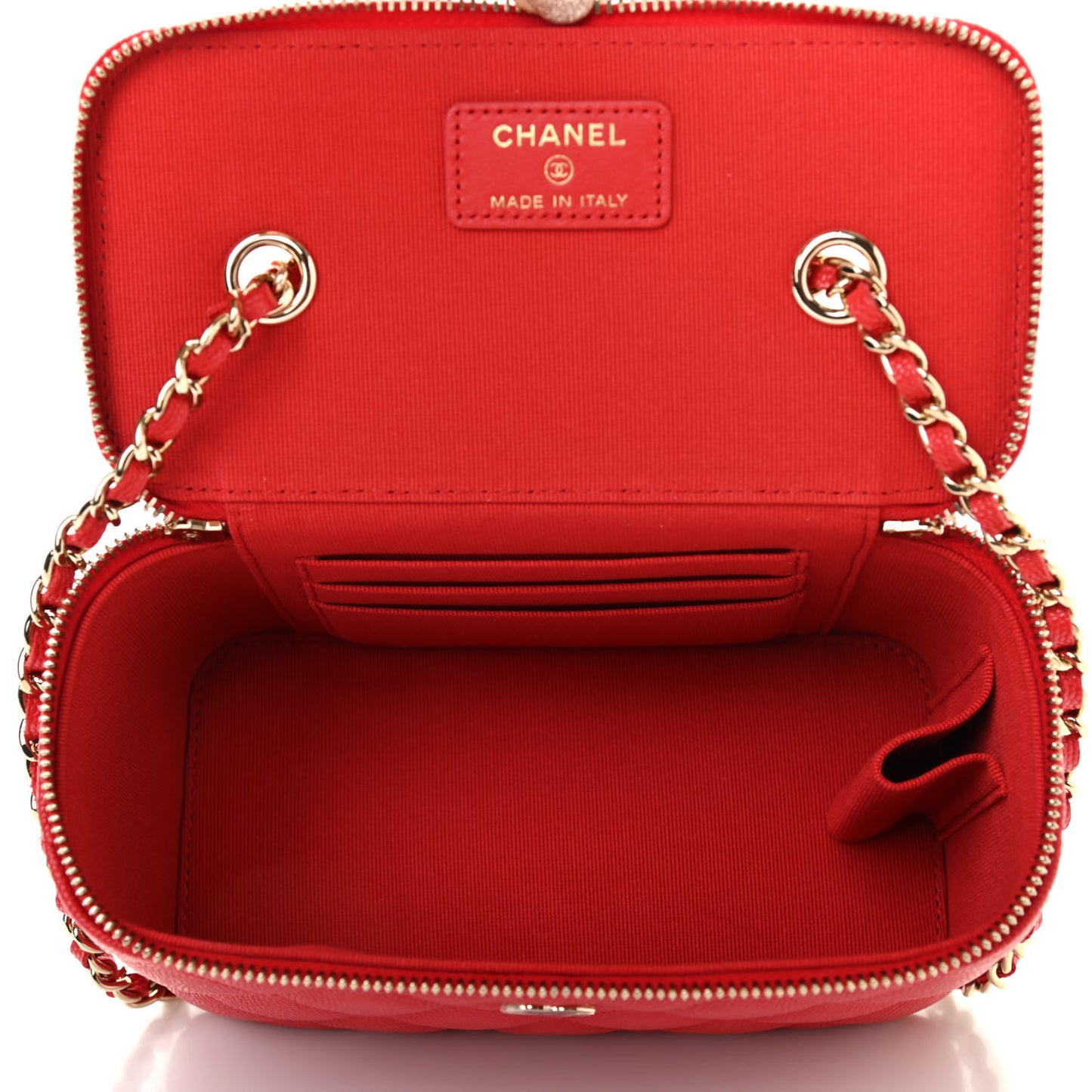 Caviar Quilted Small Vanity Case With Chain Red