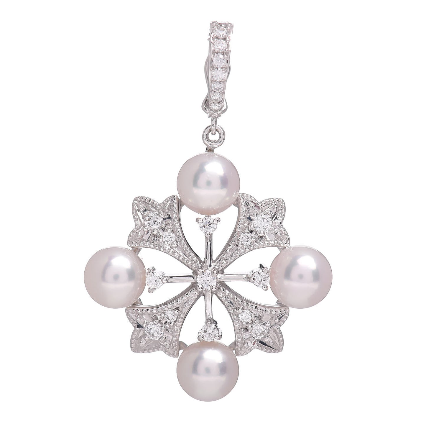 18K White Gold Diamond Akoya Pearl 6mm Wreath Pendant