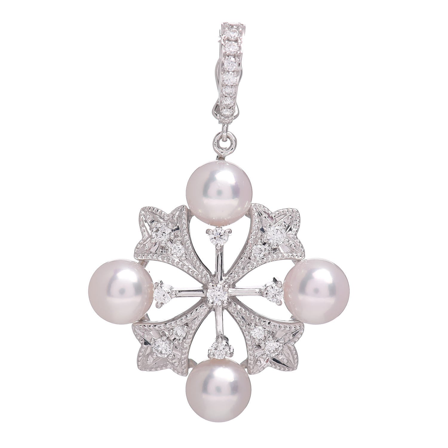 Mikimoto 18K White Gold Diamond Akoya Pearl 6mm Wreath Pendant 1 of 4