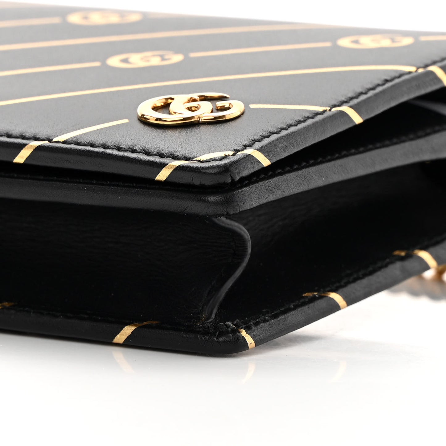 Calfskin Diagonal GG Mini Chain Wallet Black Gold
