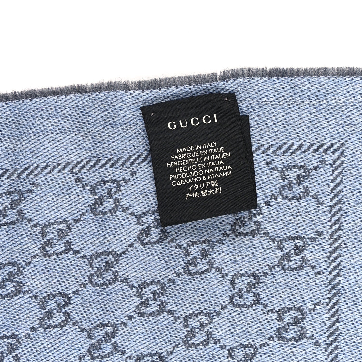Gucci Wool GG Monogram Reversible New Sten Fringe Scarf Flannel Sky Blue 4 of 4
