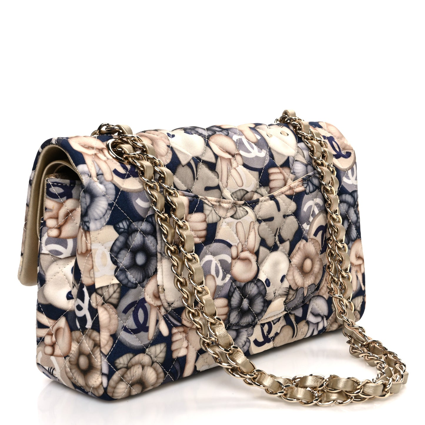 Nylon Quilted Medium Cat Emoticon Double Flap Navy Grey Ecru