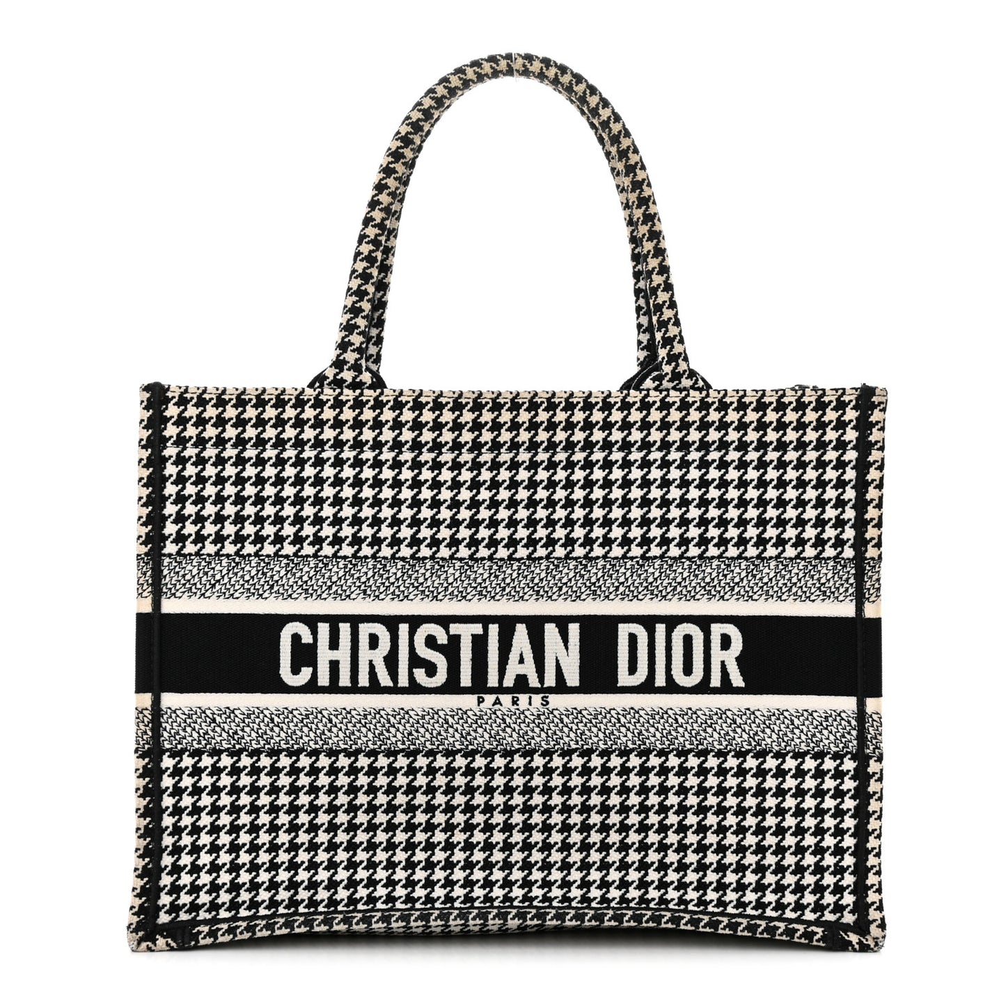 Canvas Houndstooth Embroidered Medium Book Tote Black White
