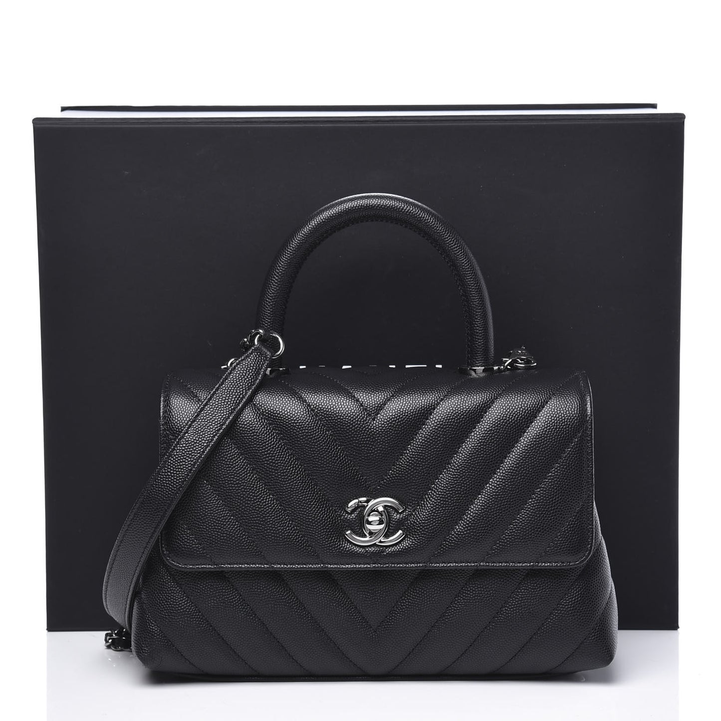 Caviar Chevron Quilted Mini Coco Handle Flap Black