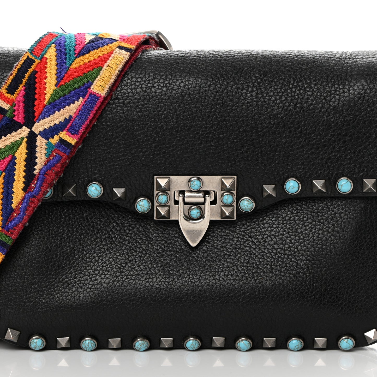 Pebbled Calfskin Turquoise Medium Guitar Strap Rockstud Rolling Flap Saddle Bag Black