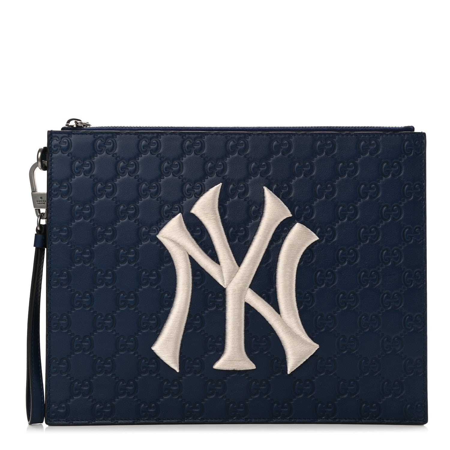 Gucci X MLB Guccissima NY Yankees Zip Wristlet Pouch Royale Ivory 1 of 7