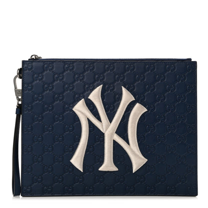 Gucci X MLB Guccissima NY Yankees Zip Wristlet Pouch Royale Ivory 1 of 7