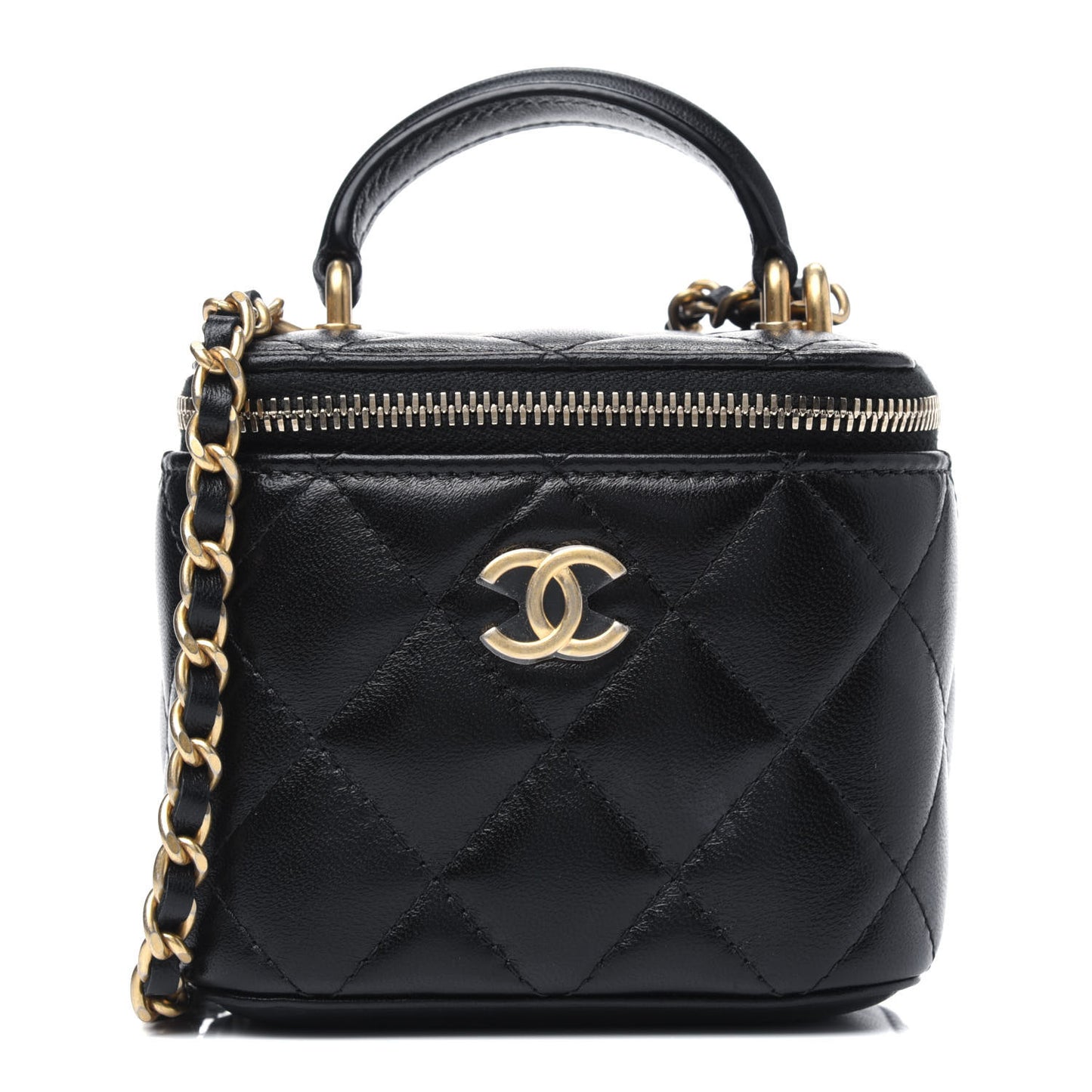 Lambskin Quilted Top Handle Mini Vanity Case With Chain Black