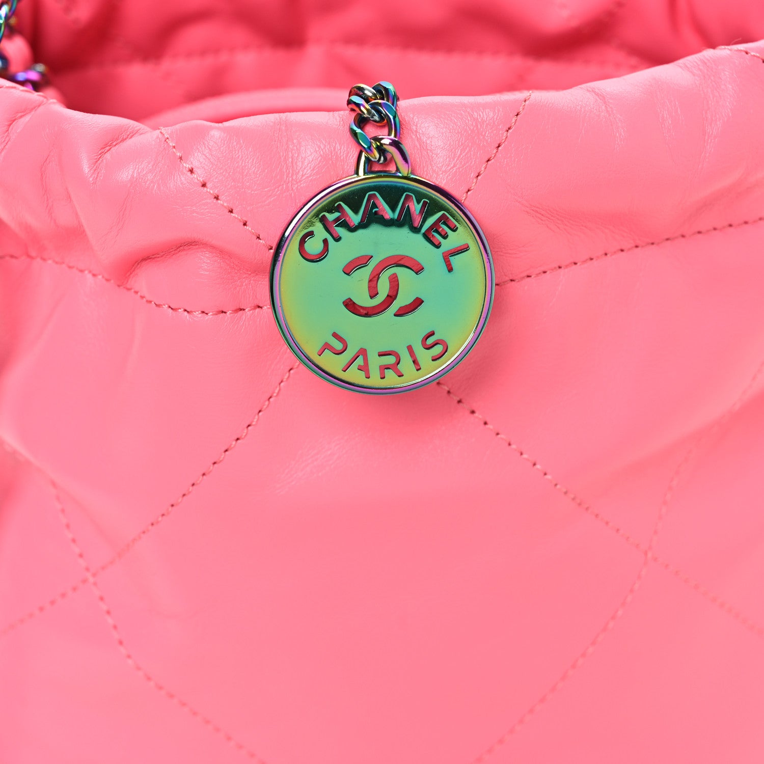 Chanel Shiny Calfskin Quilted Rainbow Metal Mini Chanel 22 Coral Pink 8 of 11