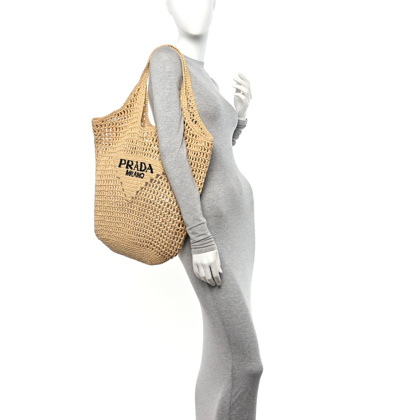 Yarn Raffia Effect Crochet Logo Embroidered Shopping Tote Bag Naturale