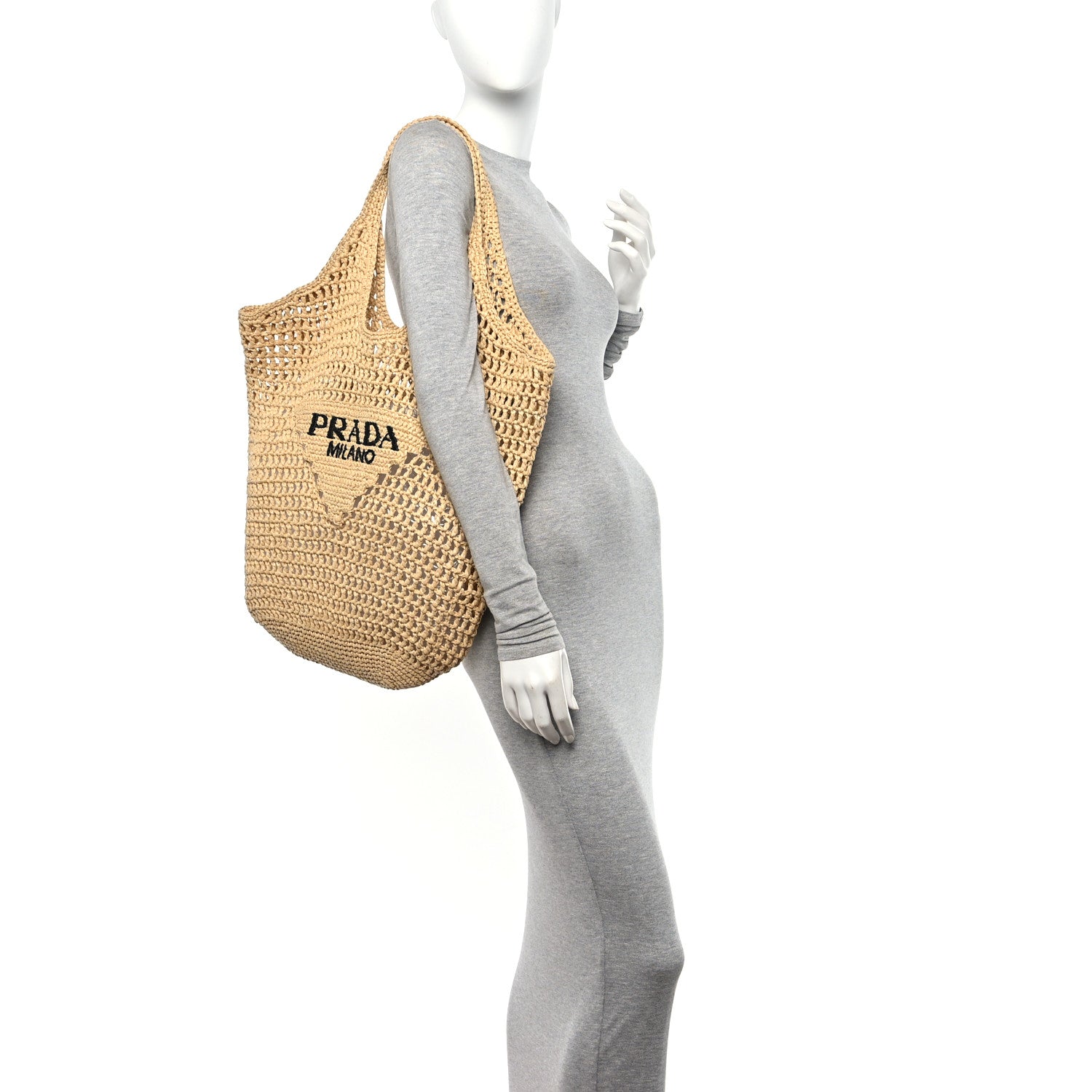 Prada Yarn Raffia Effect Crochet Logo Embroidered Shopping Tote Bag Naturale 2 of 10