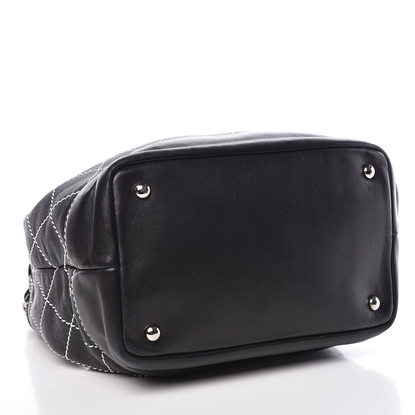 Lambskin Contrast Stitch Small Drawstring Tote Black